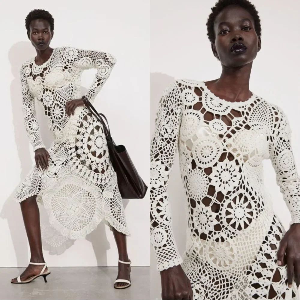 & Other Stories White Crochet Asymmetrical Midi Dress